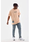 Erkek  Bisiklet Yaka Baskılı Oversize T-Shirt - Bej