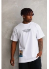 Erkek Bisiklet Yaka Baskılı Oversize T-Shirt - Beyaz