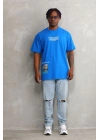 Erkek Bisiklet Yaka Baskılı Oversize T-Shirt - Mavi