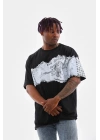 Erkek  Bisiklet Yaka Baskılı Oversize T-Shirt - Siyah