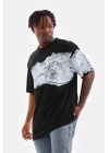 Erkek  Bisiklet Yaka Baskılı Oversize T-Shirt - Siyah