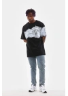 Erkek  Bisiklet Yaka Baskılı Oversize T-Shirt - Siyah
