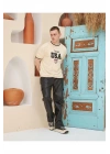 Erkek Bisiklet Yaka Tişört Nakış İşlemeli Kısa Kol Oversize T-Shirt - Bej
