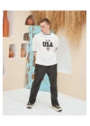 Erkek Bisiklet Yaka Tişört Nakış İşlemeli Kısa Kol Oversize T-Shirt - Beyaz