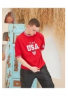 Erkek Bisiklet Yaka Tişört Nakış İşlemeli Kısa Kol Oversize T-Shirt - Kırmızı