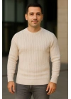 Erkek Bisiklet Yaka Triko Kazak Pamuklu Kalın Fitilli Dokuma Regular Fit - Bej