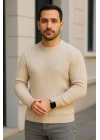 Erkek Bisiklet Yaka Triko Kazak Pamuklu Kalın Fitilli Dokuma Regular Fit - Bej