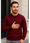 Erkek Bisiklet Yaka Triko Kazak Pamuklu Kalın Fitilli Dokuma Regular Fit - Bordo