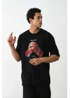 Erkek Boxy Eldiven Baskılı T-Shirt Kısa Kol Bisiklet Yaka Tişört - Siyah