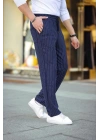 Erkek Cizgili Dokuma Krep Jogger Buggy Pantalon Rahat kalıp - Lacivert