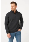 Erkek Dik Yaka Yarım Fermuarlı 3 İplik Pamuklu Sweatshirt -  Antrasit