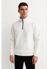 Erkek Dik Yaka Yarım Fermuarlı 3 İplik Pamuklu Sweatshirt - Beyaz