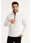 Erkek Dik Yaka Yarım Fermuarlı 3 İplik Pamuklu Sweatshirt - Beyaz