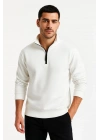 Erkek Dik Yaka Yarım Fermuarlı 3 İplik Pamuklu Sweatshirt - Beyaz