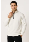 Erkek Dik Yaka Yarım Fermuarlı 3 İplik Pamuklu Sweatshirt - Beyaz