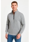 Erkek Dik Yaka Yarım Fermuarlı 3 İplik Pamuklu Sweatshirt - Gri