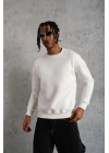 Erkek Düz Bisiklet Yaka 3 iplik pamuklu Sweatshirt - Beyaz