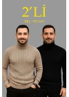 Erkek Fitilli Kazak Tam Boğazlı Balıkçı Yaka Triko 2li Set Bej-Siyah