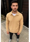 Erkek Fitilli Polar Sweatshirt Düğmesiz Yaka Oversize - Bej
