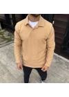 Erkek Fitilli Polar Sweatshirt Düğmesiz Yaka Oversize - Bej