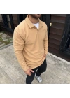 Erkek Fitilli Polar Sweatshirt Düğmesiz Yaka Oversize - Bej