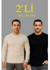 Erkek Fitilli Triko Kazak 2’li Set Bej Beyaz Kalın Dokuma Pamuklu Regular Fit Bisiklet