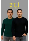 Erkek Fitilli Triko Kazak 2’li Set Siyah Haki Kalın Dokuma Pamuklu Regular Fit Bisiklet