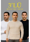Erkek Fitilli Triko Kazak 3’lü Set Bej Beyaz Siyah | Kalın Dokuma Pamuklu Regular Fit
