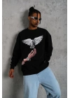 Erkek Güvercin Baskılı 3 iplik Bisiklet Yaka ipamuklu Sweatshirt - Siyah