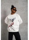 Erkek Güvercin Baskılı 3 iplik pamuklu Bisiklet Yaka Sweatshirt - Beyaz