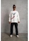 Erkek Güvercin Baskılı 3 iplik pamuklu Bisiklet Yaka Sweatshirt - Beyaz