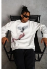 Erkek Güvercin Baskılı 3 iplik pamuklu Bisiklet Yaka Sweatshirt - Beyaz