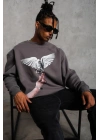 Erkek Güvercin Baskılı 3 iplik pamuklu Bisiklet Yaka Sweatshirt - Gri