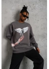 Erkek Güvercin Baskılı 3 iplik pamuklu Bisiklet Yaka Sweatshirt - Gri