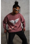 Erkek Güvercin Baskılı Bisiklet Yaka Sweatshirt 3 iplik pamuklu - Gül Kurusu