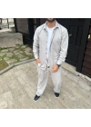 Erkek Kadife Oversize Takım Gömlek Pantolon İkili Set - Gri