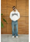 Erkek Kapüşonlu 3 İplik Şardonlu Önü Baskılı Fermuarlı Oversize Sweatshirt - Beyaz