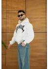 Erkek Kapüşonlu 3 İplik Şardonlu Önü Baskılı Fermuarlı Oversize Sweatshirt - Beyaz