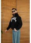 Erkek Kapüşonlu 3 İplik Şardonlu Önü Baskılı Fermuarlı Oversize Sweatshirt - Siyah