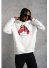 Erkek Kapüşonlu Cepli Boks Eldiven Baskılı 3 İplik Sweatshirt Hoodie - Beyaz