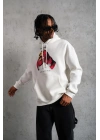 Erkek Kapüşonlu Cepli Boks Eldiven Baskılı 3 İplik Sweatshirt Hoodie - Beyaz