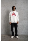 Erkek Kapüşonlu Cepli Boks Eldiven Baskılı 3 İplik Sweatshirt Hoodie - Beyaz