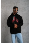 Erkek Kapüşonlu Cepli Box Eldiven Baskılı 3 İplik Sweatshirt Hoodie - Siyah
