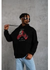 Erkek Kapüşonlu Cepli Box Eldiven Baskılı 3 İplik Sweatshirt Hoodie - Siyah