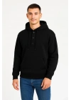 Erkek Kapüşonlu Hoodie Cepli Çıtçıtlı 3 İplik Pamuklu Sweatshirt - Siyah