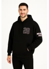 Erkek Kapüşonlu Kanguru Cepli Sweatshirt 3 İplik Pamuklu Baskılı Hoodie - Siyah