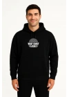 Erkek Kapüşonlu Kanguru Cepli Sweatshirt 3 İplik Pamuklu Baskılı Hoodie -  Siyah