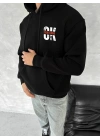 Erkek Kapüşonlu Kanguru Cepli Sweatshirt 3 İplik Pamuklu Baskılı Hoodie - Siyah