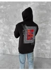 Erkek Kapüşonlu Kanguru Cepli Sweatshirt 3 İplik Pamuklu Baskılı Hoodie - Siyah
