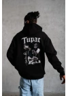 Erkek Kapüşonlu Kanguru Cepli Sweatshirt 3 İplik Pamuklu Baskılı Hoodie - Siyah